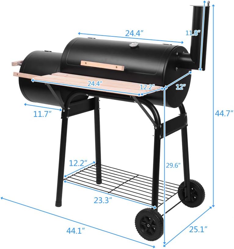 Charcoal Grill, Outdoor Patio Barbecue Cooker with Offset Smoker, Wheels and Tray for Balcony Picnics, Party and Camping