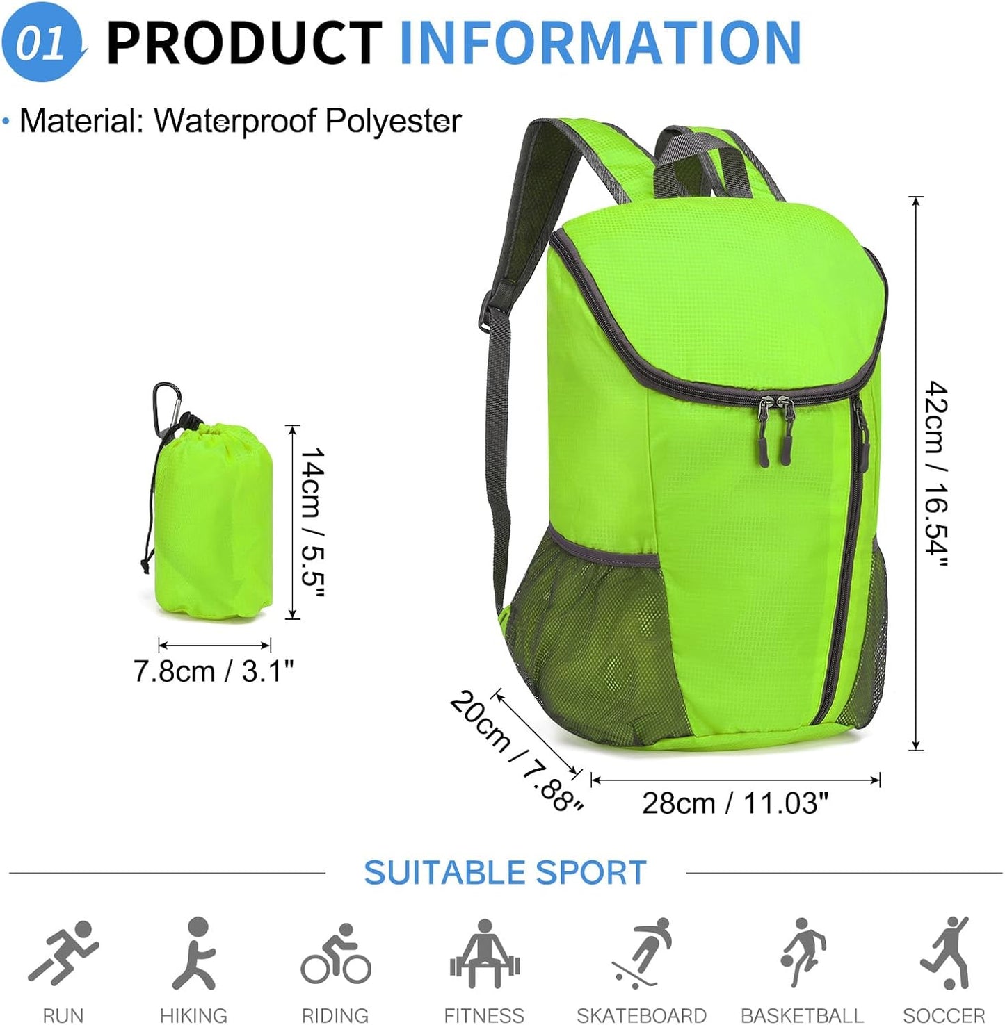 Hiking Backpack, 20L Packable Daypack for Men Women, Nylon with Adjustable Straps, Lightweight Waterproof Outdoor Camping Travel, Green