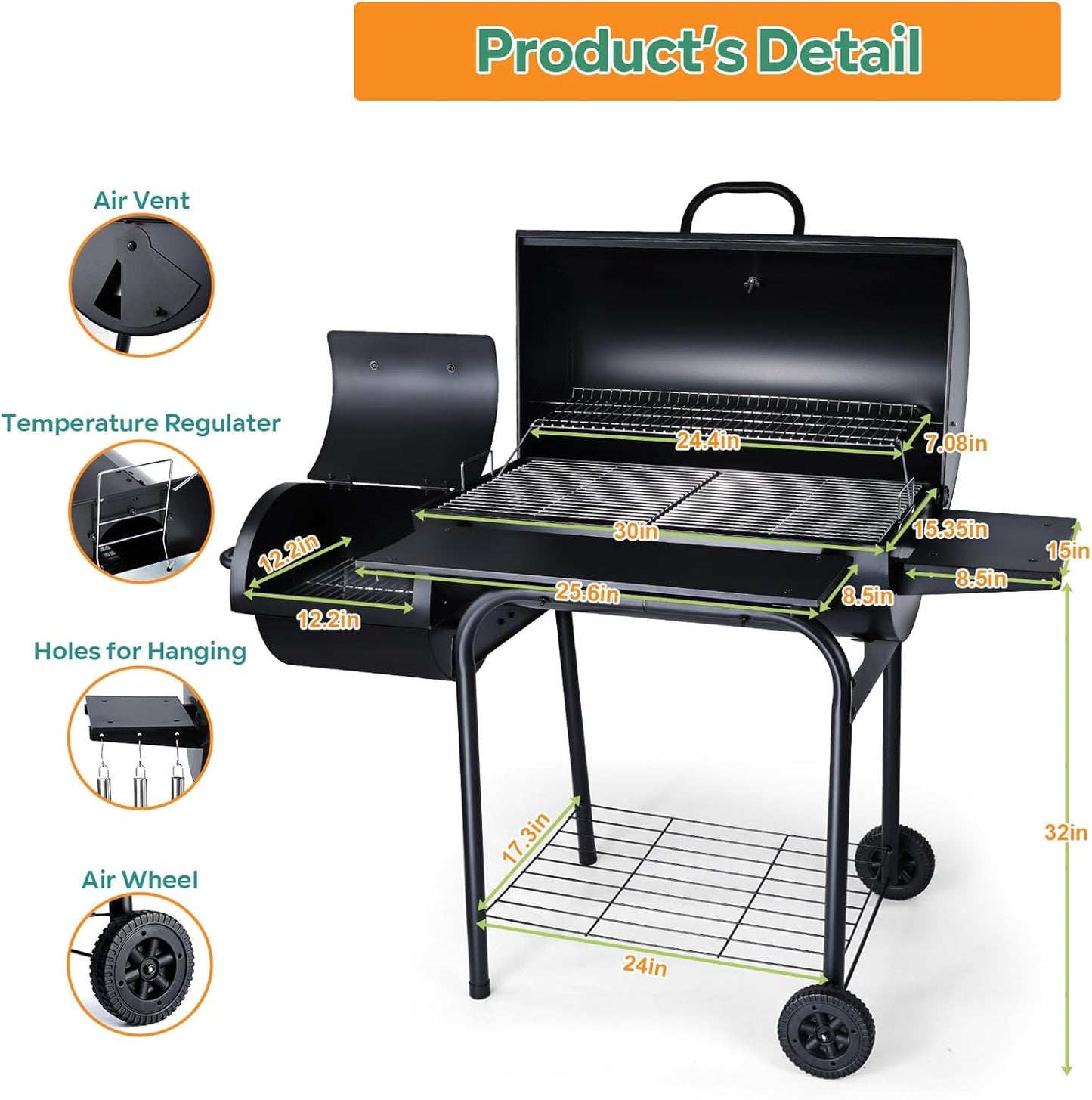 Charcoal Grill Offset Smoker, Heavy Duty Portable Barbecue Grill with 780 SQ.IN. Cooking Grilling Area, BBQ Barrel Grills with Wheels for Outdoor Patio, Side Table & Adjustable Carbon Pan
