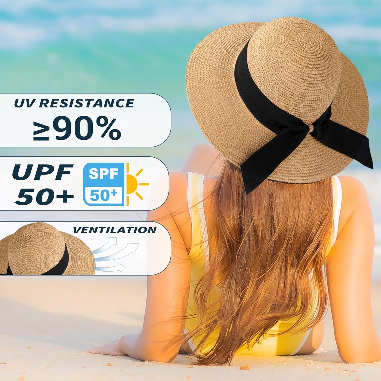 Beach Hat for Women, Wide Brim Sun Straw Hat for Women, Sun Hat Women UPF 50+ UV Protection, Floppy Foldable Summer Hat