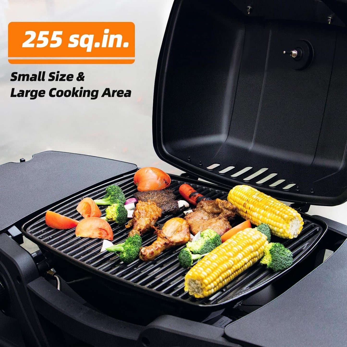 Gas Grill Portable Propane Grill, Tabletop Grill Propane, Outdoor BBQ Grill Camping Grill with Two Burners, Removable Side Tables, Built in Thermometer, Black