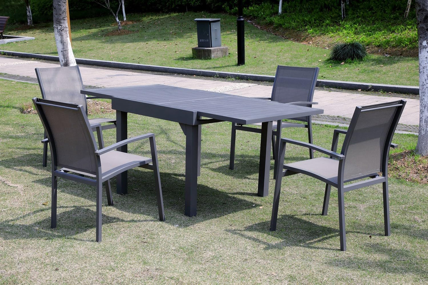 35‘’-70.8‘’Expandable Patio Dining Table Metal Outdoor Table for 6-8 Person Lawn Garden Bistro Rectangular Table, with Adjustable Legs, Charcoal Grey Grates on Top