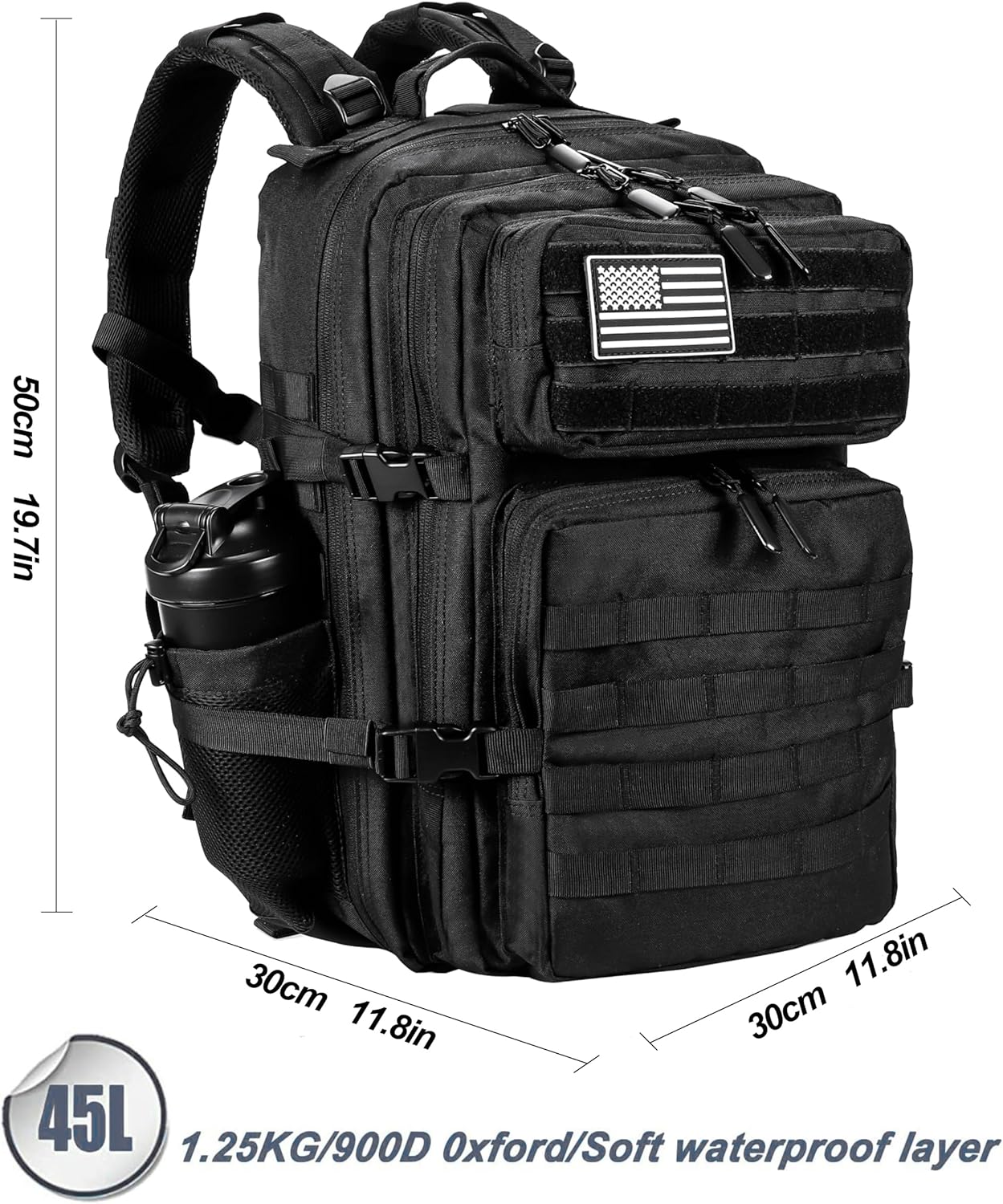 Military Tactical Backpack for Men and Women 45L Army 3 Bag Large Rucksack with System - Black