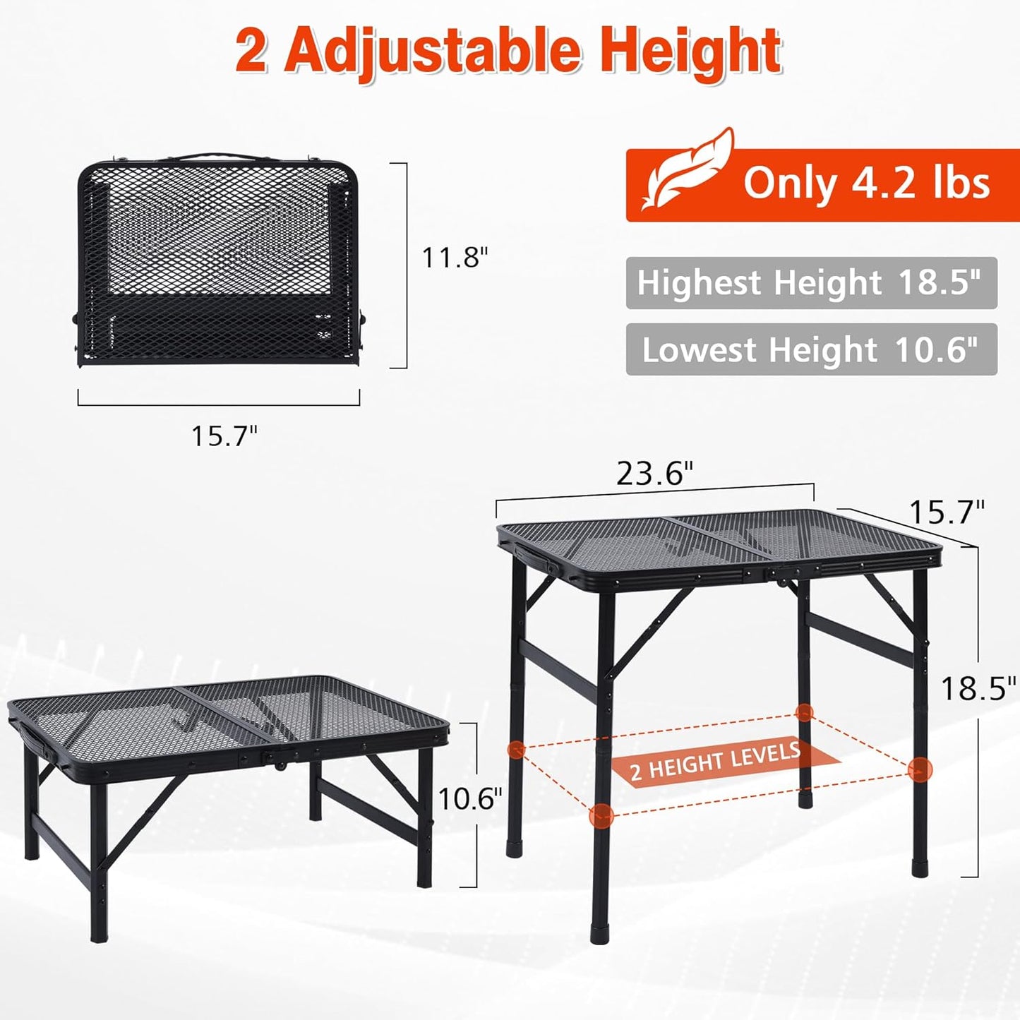 Camping Table, 2x1.3 FT Portable Folding Grill Table, Lightweight Height Adjustable Metal Table with Mesh Desktop and Mesh Bag, Outdoor Table for Camping, Picnic, Beach and BBQ, Black