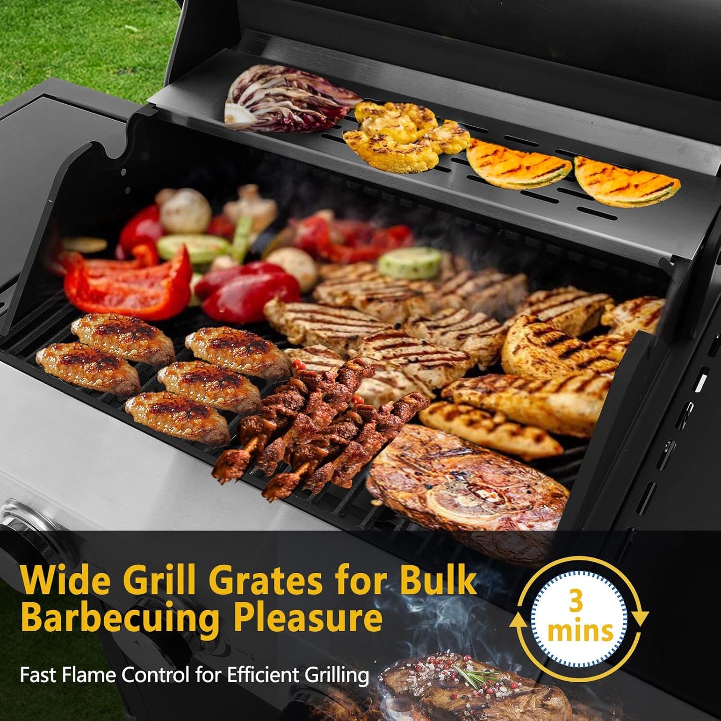 Large Grill with 3-Burners and Side Burner, Outdoor Gas Grill with Porcelain-Enameled Cast Iron Grates, Stainless Steel Camping Barbecue Griddle for Patio, Party,
