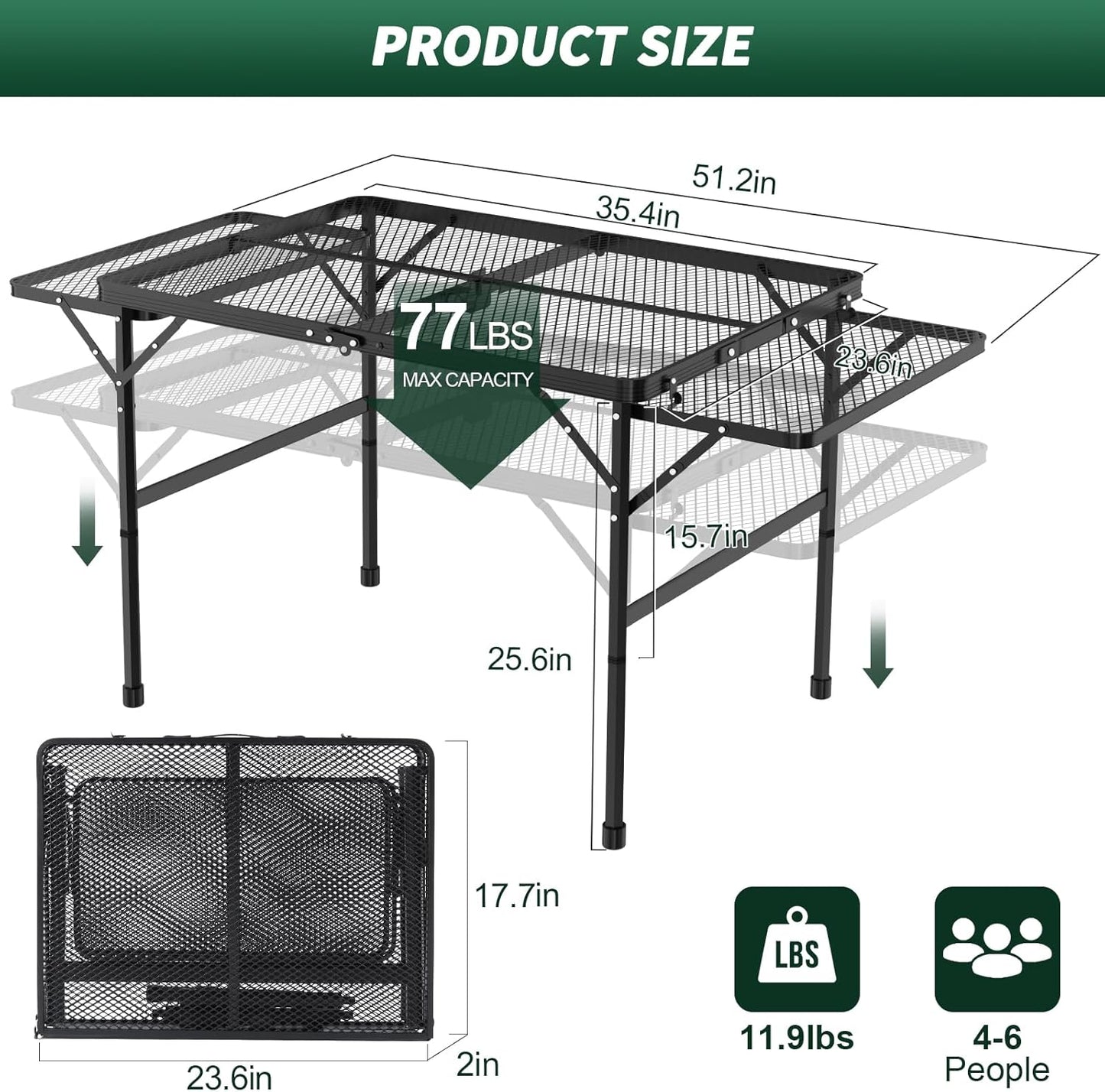 Folding Table with 2 Wing Panels, 3x2 FT Camping Table with Mesh Desktop,Height Adjustable Folding Grill Table with Mesh Bag,Portable Outdoor Table for Picnic,Camping,BBQ,Beach(Black)