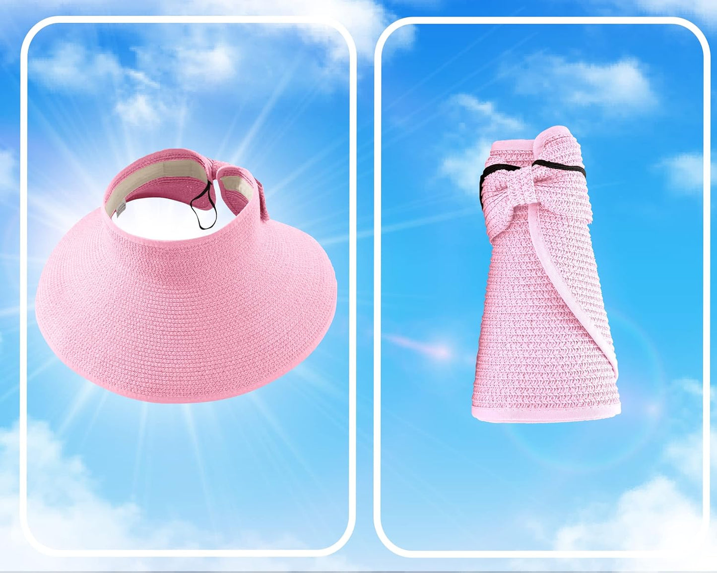 Straw Sun Visor for Women, Wide Brim UPF 50+ Protection Beach Hat, Adjustable, Roll Up Foldable Ponytail Cap with Chin Strap