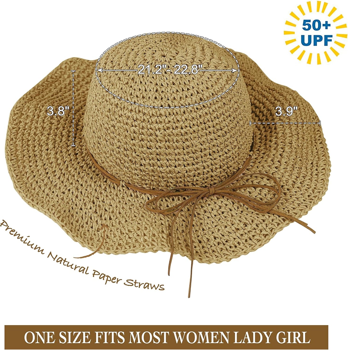 Women Sun Hat Wide Brim Floppy Beach Hat Breathable UV UPF 50+ Straw Hat Foldable Packable Summer Outdoor Cap