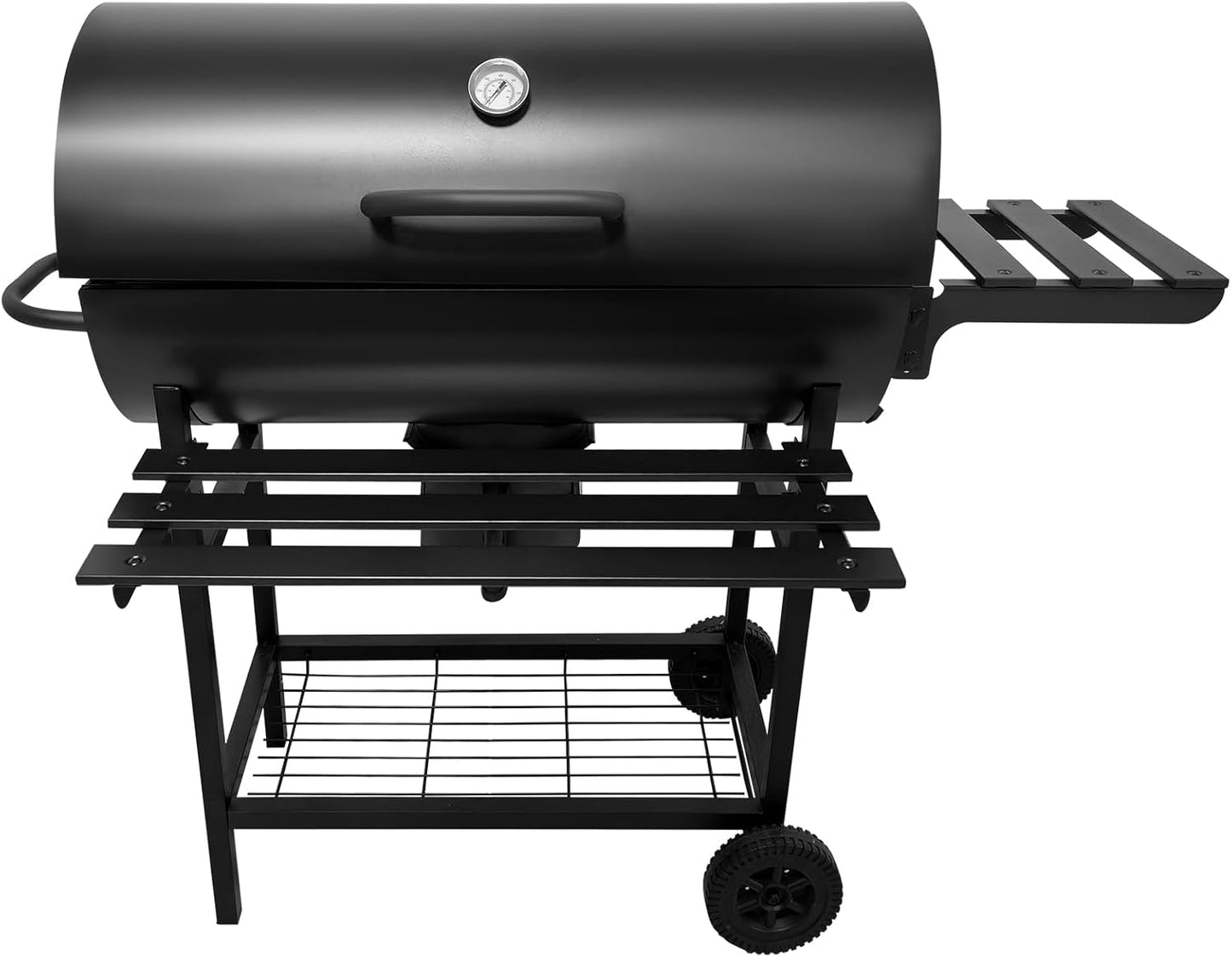 28-Inch Charcoal Grill - 2 Foldable Side Tables, Bottom Storage Shelf, BBQ in all directions Pull-out Ash Tray, Outdoor BBQ Grill for Family Gatherings Camping - Black