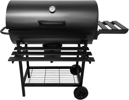 28-Inch Charcoal Grill - 2 Foldable Side Tables, Bottom Storage Shelf, BBQ in all directions Pull-out Ash Tray, Outdoor BBQ Grill for Family Gatherings Camping - Black