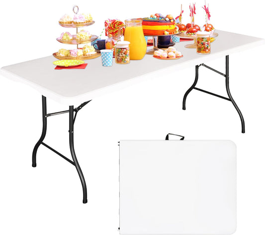 6FT Folding Tables Heavy Duty Folding Table, Multi-Functional Fold up Table for Outdoor Camping Picnic Parties, Indoor Events White Training Table with 330lbs Static Weight Capacity