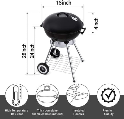 18 Inch Portable Charcoal Grill with 4 Legs and Wheels for Outdoor Cooking Barbecue Camping BBQ Coal Kettle Grill - Heavy Duty Round with Thickened Grilling Bowl for Small Patio Backyard