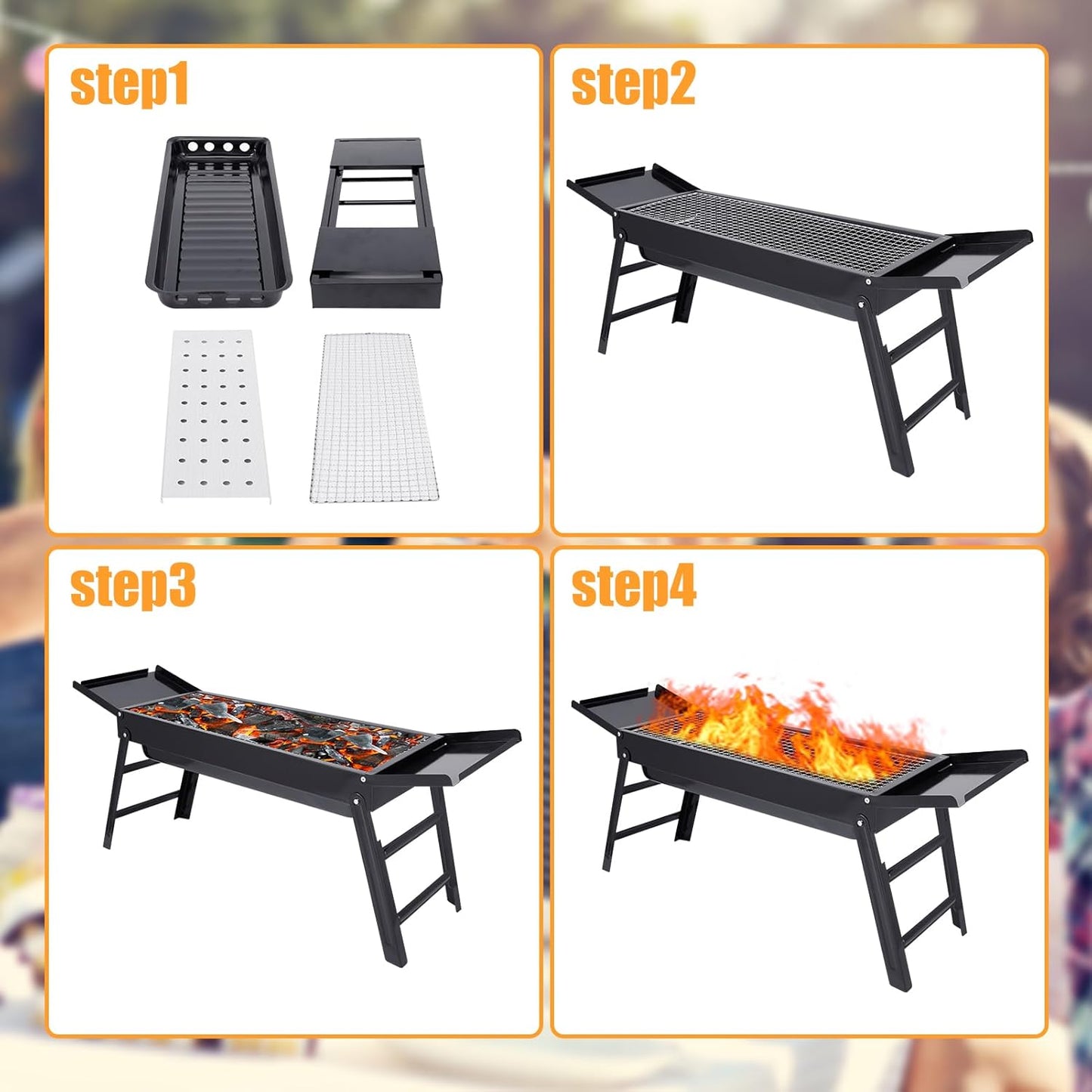 Charcoal grill foldable Outdoor smokeless foldable barbecue grill Portable grill Camping grill Cold rolled steel Suitable for 3-5 people With portable package 32×9×13in（L×W×H）