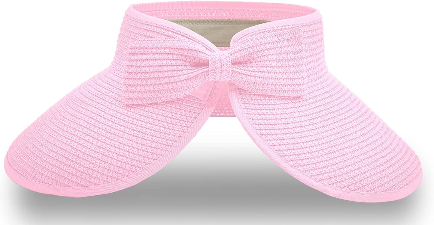 Straw Sun Visor for Women, Wide Brim UPF 50+ Protection Beach Hat, Adjustable, Roll Up Foldable Ponytail Cap with Chin Strap