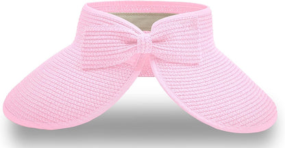 Straw Sun Visor for Women, Wide Brim UPF 50+ Protection Beach Hat, Adjustable, Roll Up Foldable Ponytail Cap with Chin Strap