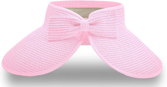 Straw Sun Visor for Women, Wide Brim UPF 50+ Protection Beach Hat, Adjustable, Roll Up Foldable Ponytail Cap with Chin Strap