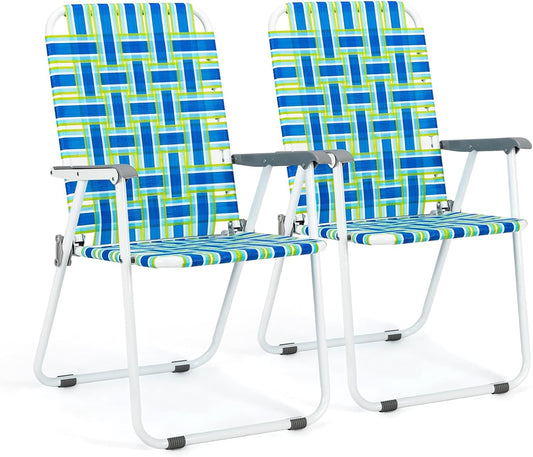 Patio Lawn Webbed Folding Chairs Set of 2, Outdoor Beach Portable Lawn Chair Camping Chair Beach Chair for Yard, Garden Dining (Blue, Classic)