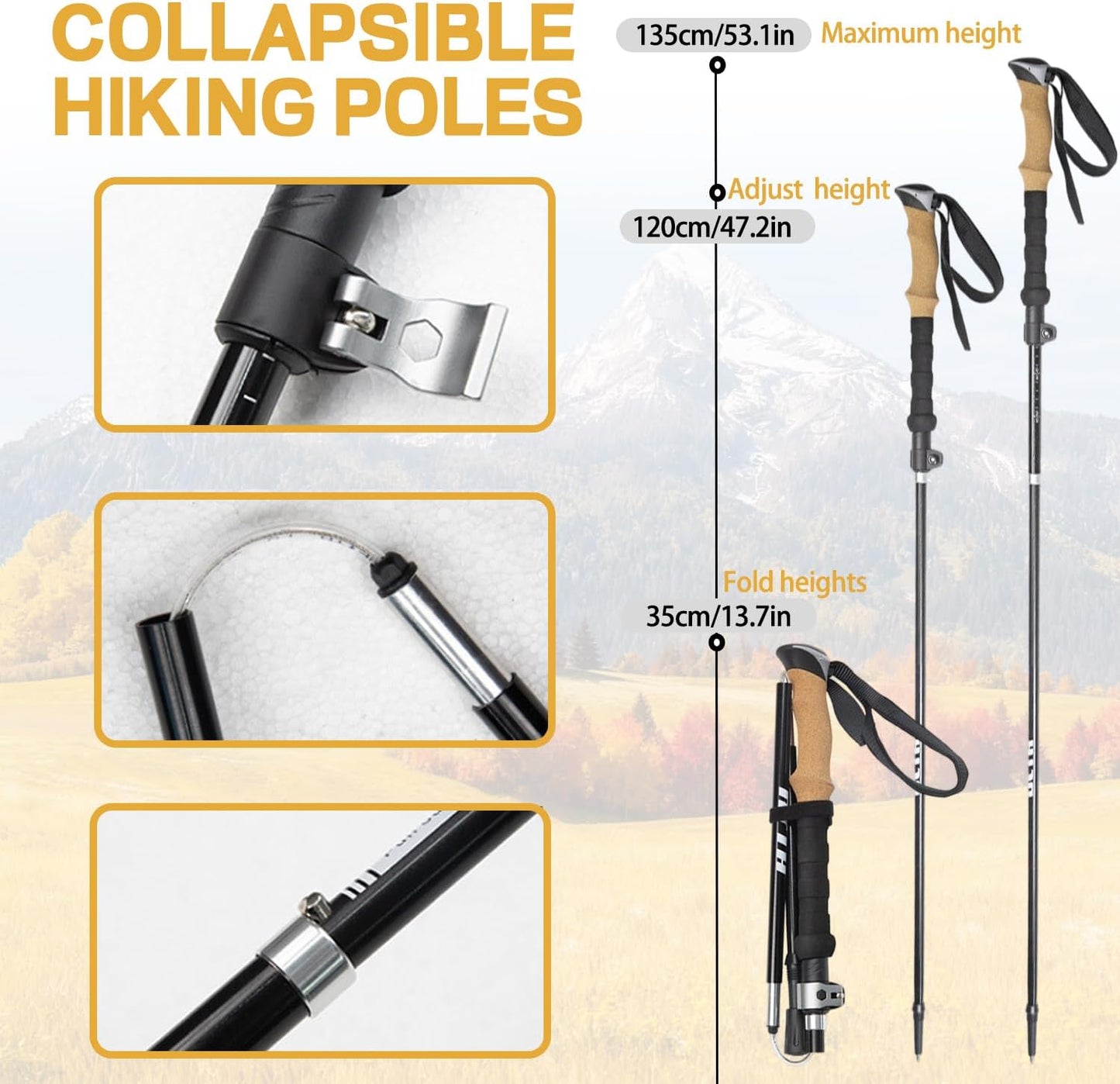 Collapsible Hiking Poles 2pc，Adjustable, Lightweight Trekking Poles 7075 Aluminium Alloy，Metal Flip Locks&Eva Foam Grips for Men Women