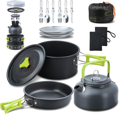 16pcs Camping Cookware Mess Kit, Non-Stick Lightweight Pot Pan Kettle Set with Stainless Steel Plates Forks Knives Spoons, Portable Camping Cooking Set for Outdoor Backpacking Hiking Picnic