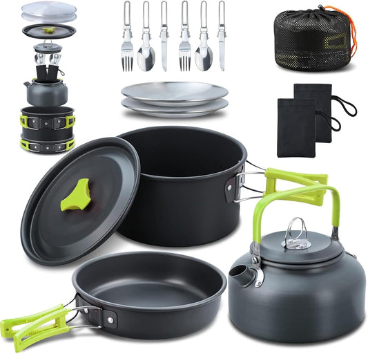 16pcs Camping Cookware Mess Kit, Non-Stick Lightweight Pot Pan Kettle Set with Stainless Steel Plates Forks Knives Spoons, Portable Camping Cooking Set for Outdoor Backpacking Hiking Picnic