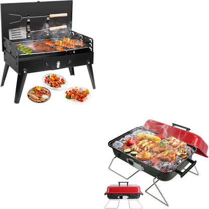 Portable Charcoal Grill, Small BBQ Grill Outdoor Folding Barbecue Grill, Foldable Camping Grill with Barbecue Accessories & Lid for Outdoor Cooking Camp Picnic Hiking Beach Party Patio Smokers