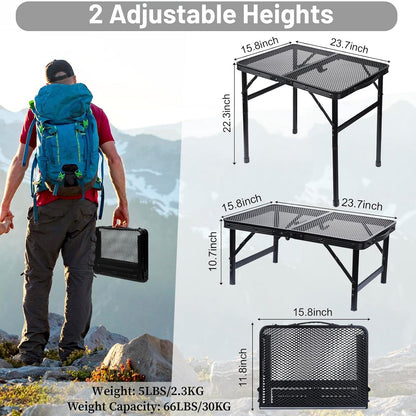 Folding Grill Table Metal Portable Camping Table with Mesh Desktop Lightweight & Foldable Height Adjustable Black Picnic Table for RV, BBQ Outside Inside