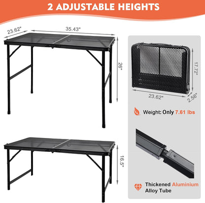 Camping Table with Mesh Desktop, Lightweight & Portable Folding Grill Table, Height Adjustable Sturdy 3 FT Metal Table for Camping, Grill, BBQ, RV, Picnic