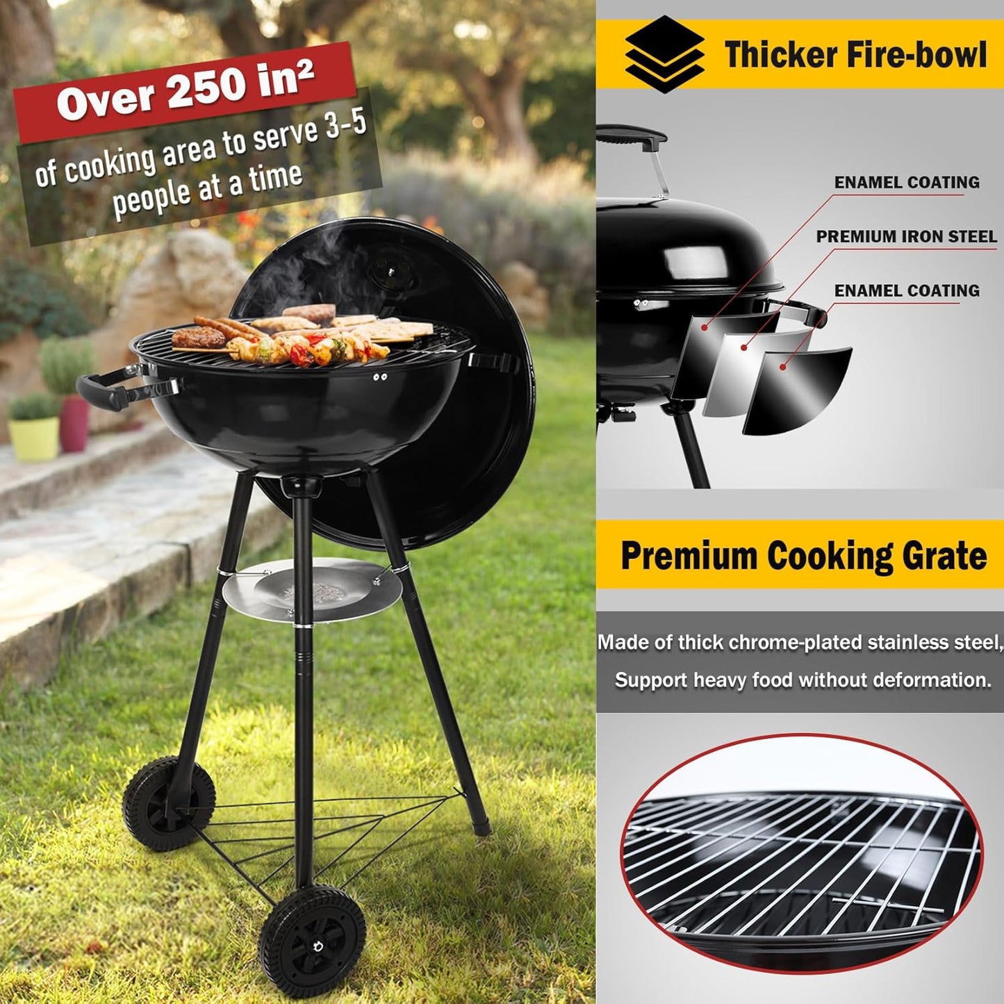 18 Inch Kettle Charcoal Grill,  Outdoor Barbecue Grill for Camping/Backyard/Tabletop Cooking, Portable Round Smoker with Wheels, Porcelain-Enameled Lid & Fire Bowl, Dual Venting System, Black