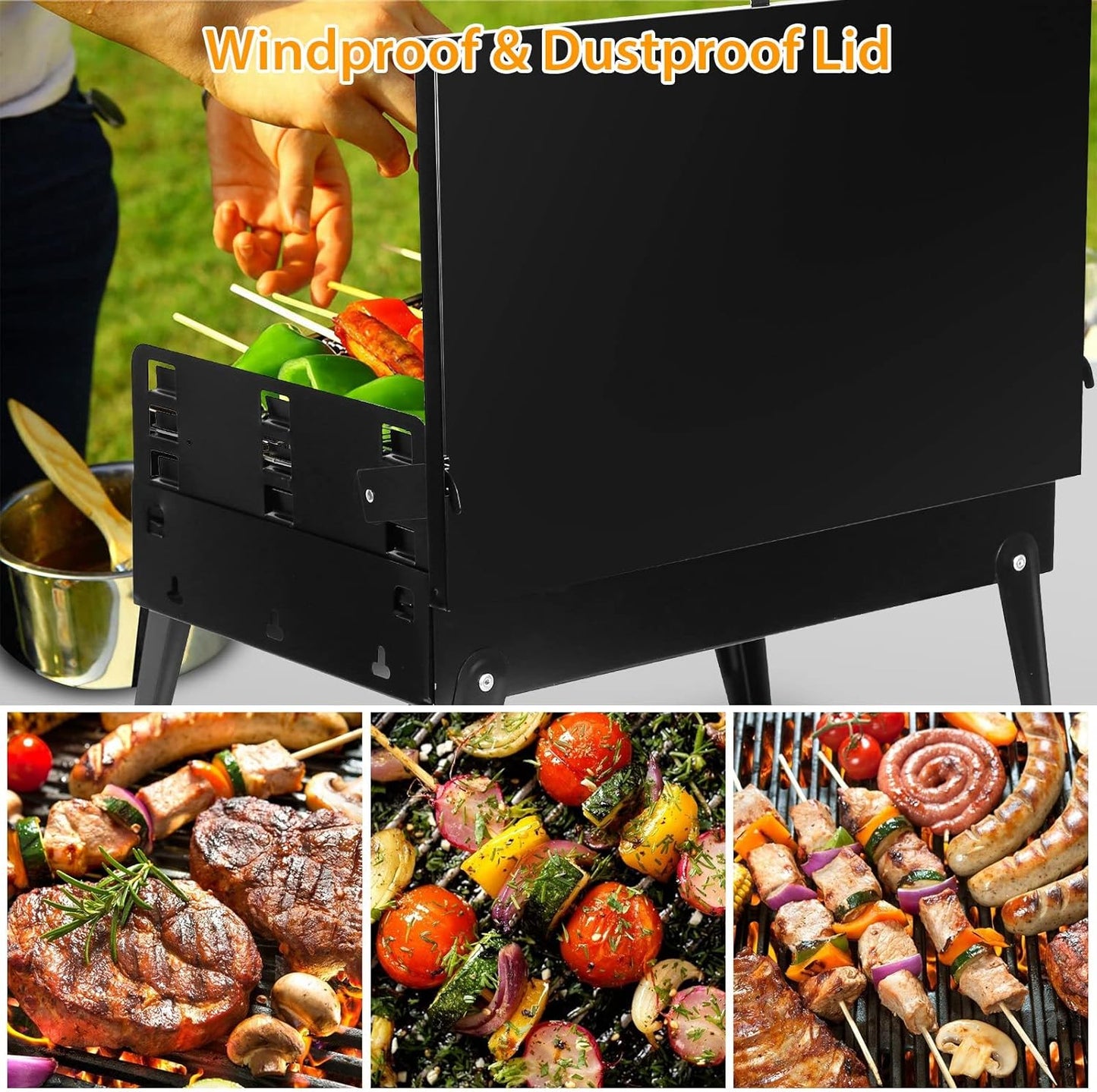 Portable Charcoal Grill, Small BBQ Grill Outdoor Folding Barbecue Grill, Foldable Camping Grill with Barbecue Accessories & Lid for Outdoor Cooking Camp Picnic Hiking Beach Patio Smokers