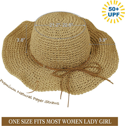 Women Sun Hat Wide Brim Floppy Beach Hat Breathable UV UPF 50+ Straw Hat Foldable Packable Summer Outdoor Cap